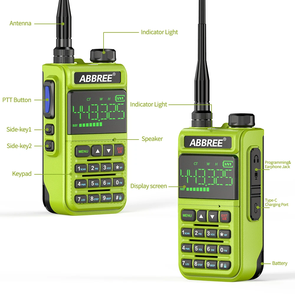 2022.ABBREE AR-518 108-660 МГц Полнодиапазонный Эфирный Диапазон 1,77 дюйма С Большим Экраном Беспроводная Частота Копирования Зарядное Устройство Type-C Ham Radio Walkie
