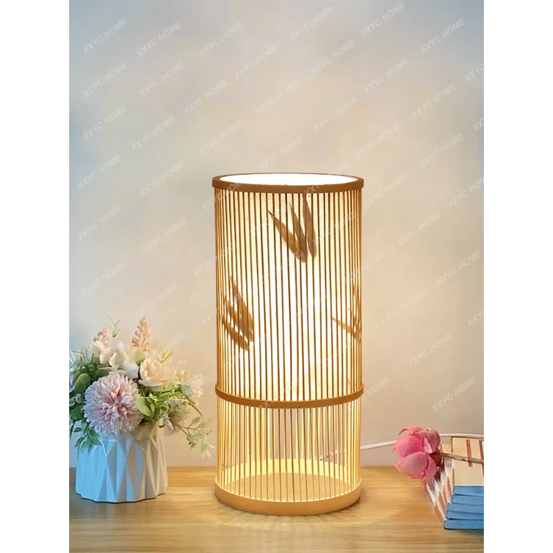 Настольная лампа для чайной комнаты в китайском стиле, прикроватная бамбуковая лампа для спальни, Теплый декоративный торшер из бамбука ручной работы с регулируемой яркостью