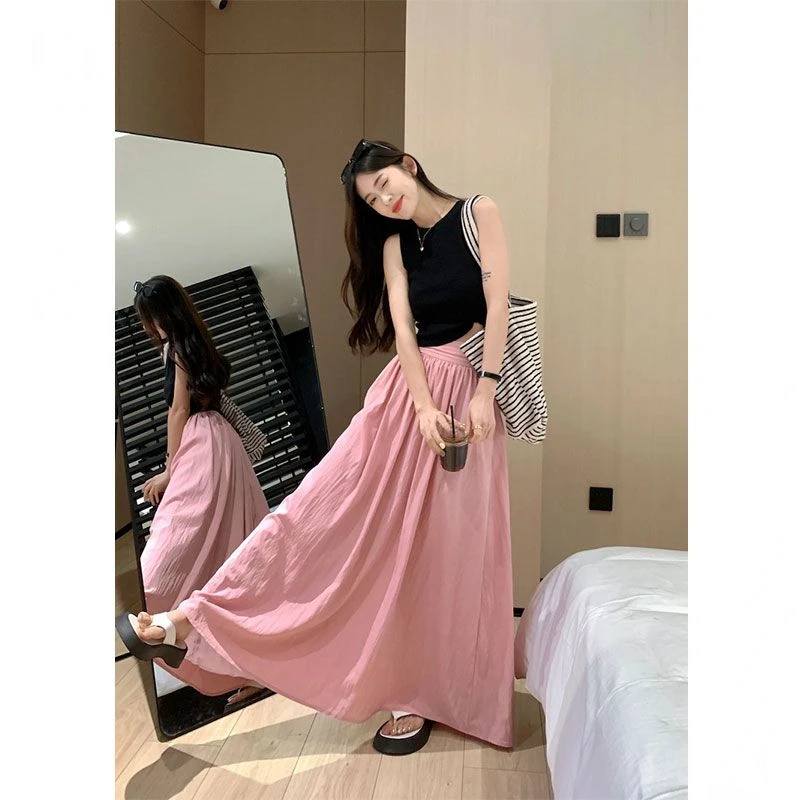 Однотонная летняя женская длинная юбка, Элегантная Свободная винтажная плиссированная юбка с высокой талией, Розовая повседневная юбка трапециевидной формы с эластичной резинкой на талии и рюшами
