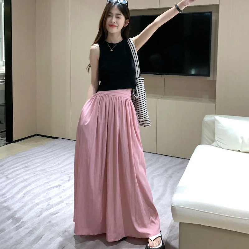 Однотонная летняя женская длинная юбка, Элегантная Свободная винтажная плиссированная юбка с высокой талией, Розовая повседневная юбка трапециевидной формы с эластичной резинкой на талии и рюшами