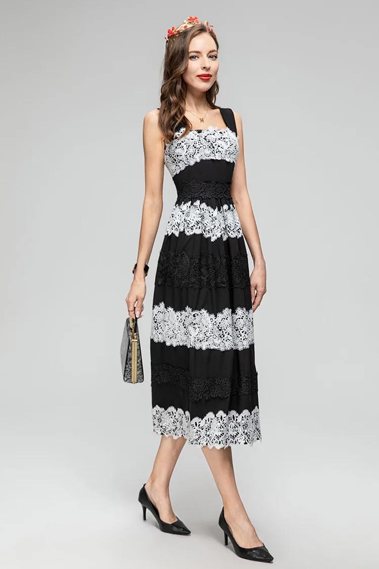 Летнее модное дизайнерское винтажное сращенное платье-слинг Vestidos, женское кружевное платье с квадратным воротником, с высокой талией, тонкое длинное платье