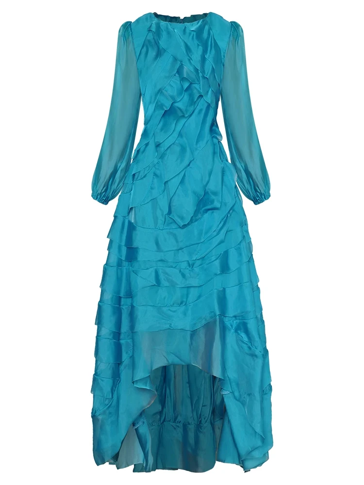 Синее повседневное платье SEQINYY, Новинка Весны, модный дизайн, Женское платье с рукавами-фонариками и оборками, Элегантное платье А-силуэта High Street.