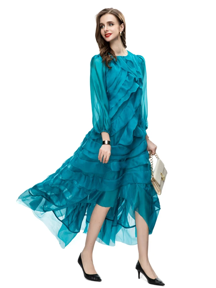Синее повседневное платье SEQINYY, Новинка Весны, модный дизайн, Женское платье с рукавами-фонариками и оборками, Элегантное платье А-силуэта High Street.