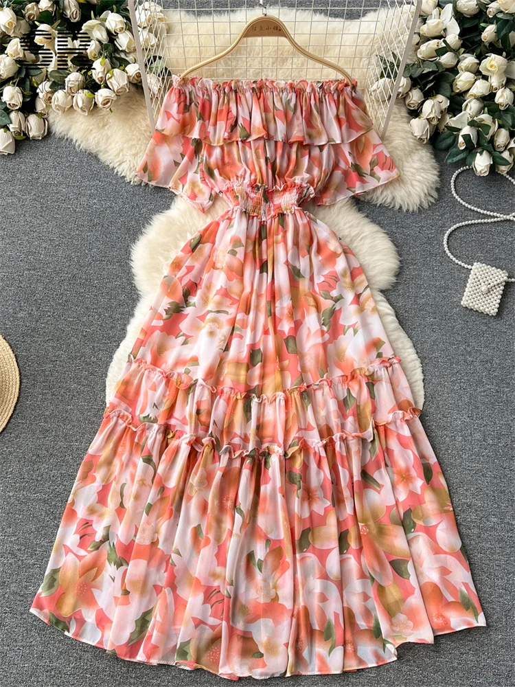 Однотонное шифоновое Летнее длинное платье Для женщин с эластичной талией, коротким рукавом и вырезом лодочкой, повседневные платья трапециевидной формы для отдыха