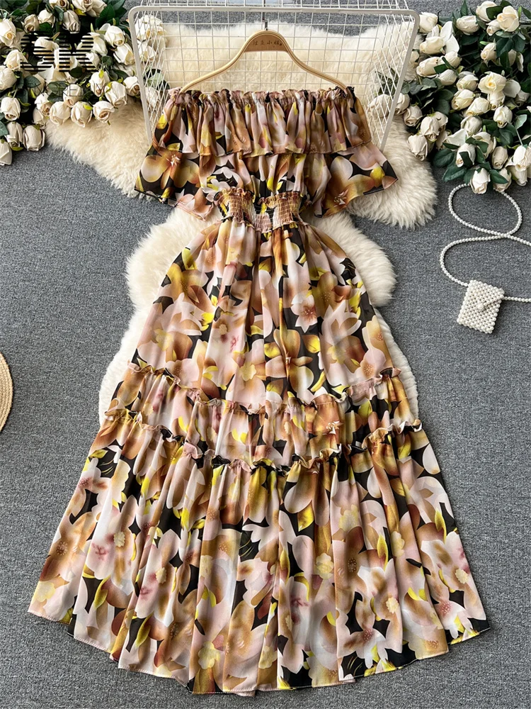 Однотонное шифоновое Летнее длинное платье Для женщин с эластичной талией, коротким рукавом и вырезом лодочкой, повседневные платья трапециевидной формы для отдыха