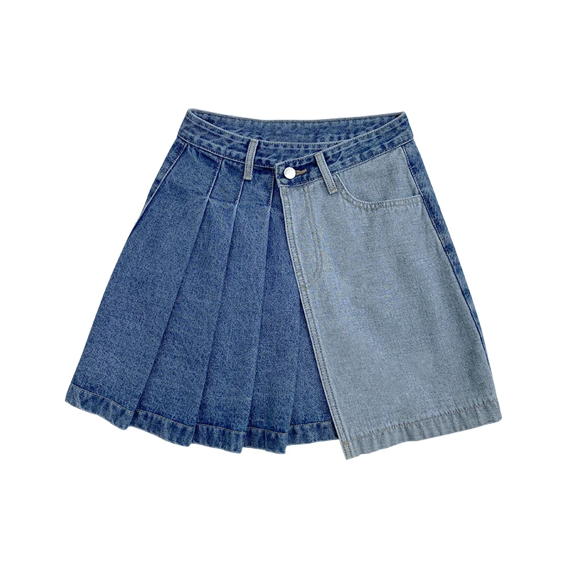Женская повседневная джинсовая юбка-мешок SuperAen корейского дизайна, контрастно сшитая плиссированная юбка-мешок, повседневная джинсовая юбка трапециевидной формы с высокой талией