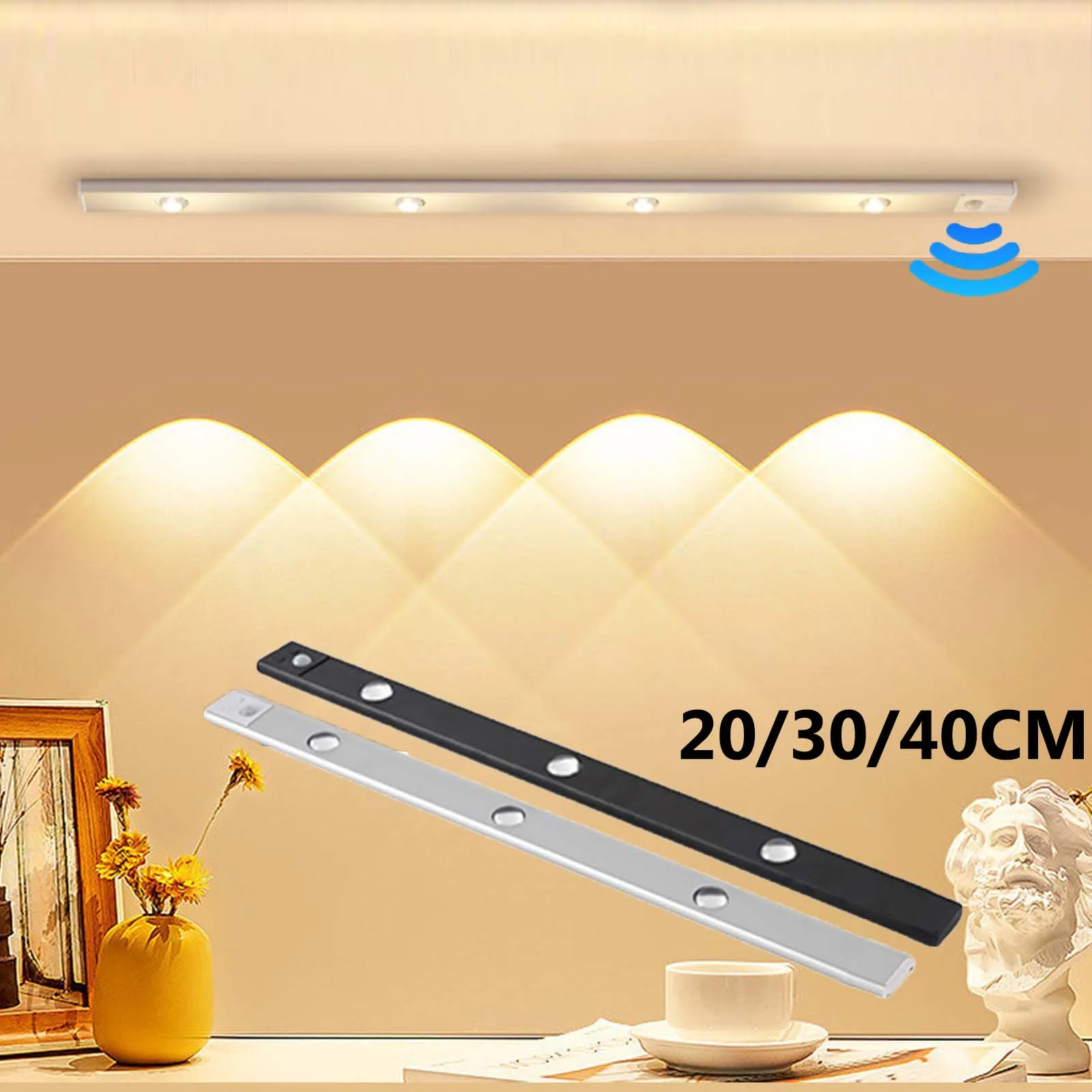 Ультратонкий светодиодный светильник для шкафа с датчиком движения PIR, 20/30/40 см, беспроводной USB-перезаряжаемый ночник, светильник для кухонного шкафа в гардеробе