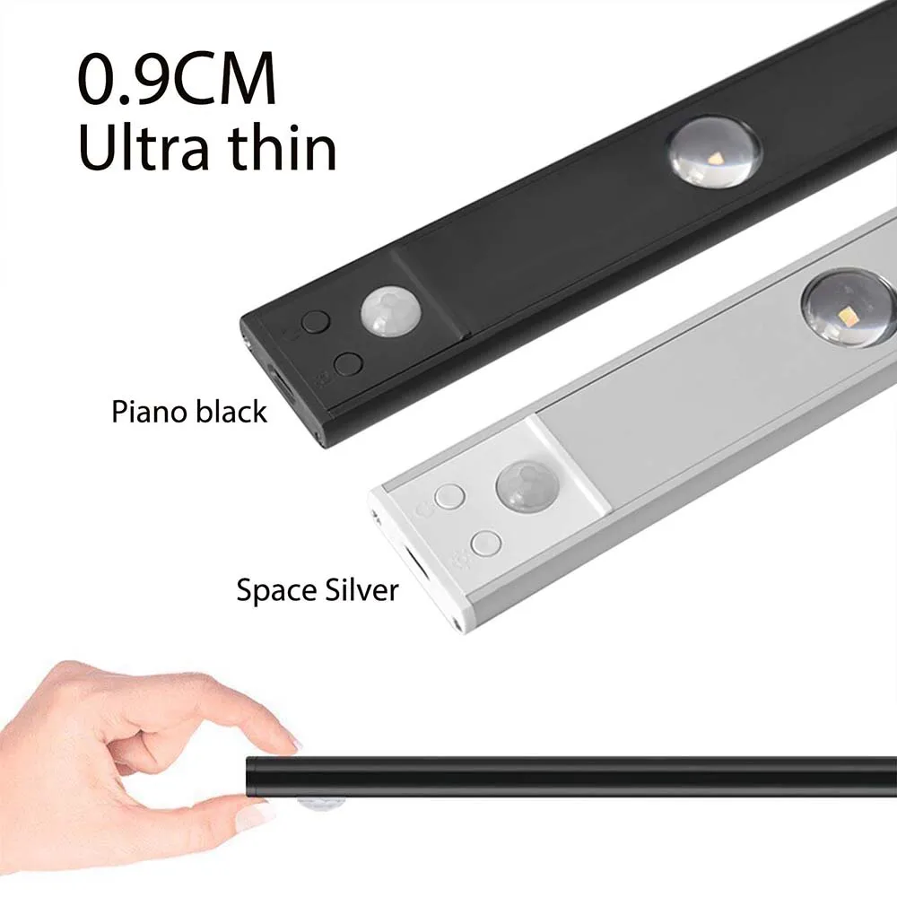 Ультратонкий светодиодный светильник для шкафа с датчиком движения PIR, 20/30/40 см, беспроводной USB-перезаряжаемый ночник, светильник для кухонного шкафа в гардеробе